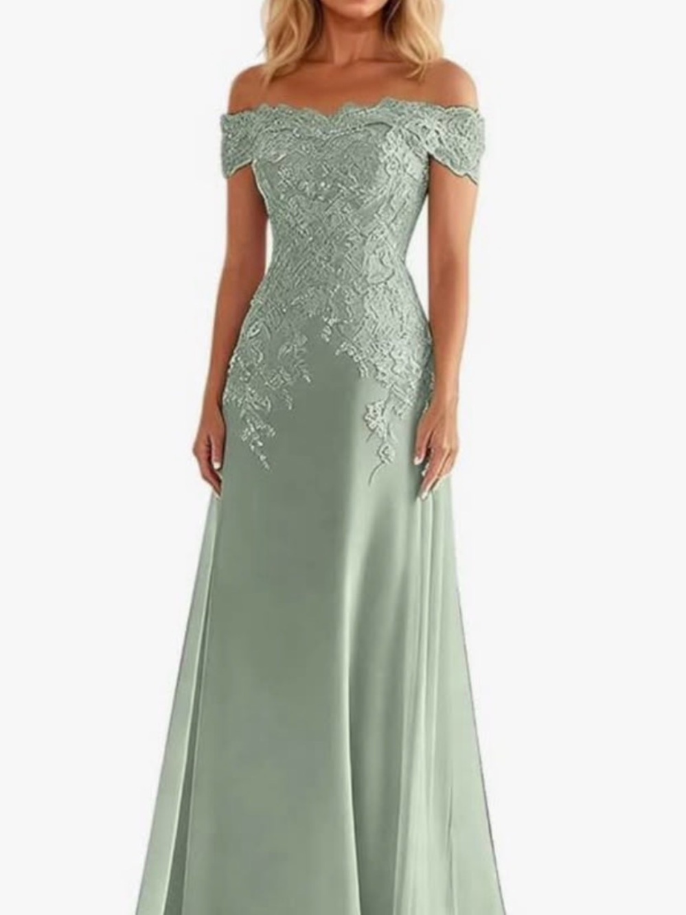 Off-Shoulder Sage Lace Appliqué Evening Dress